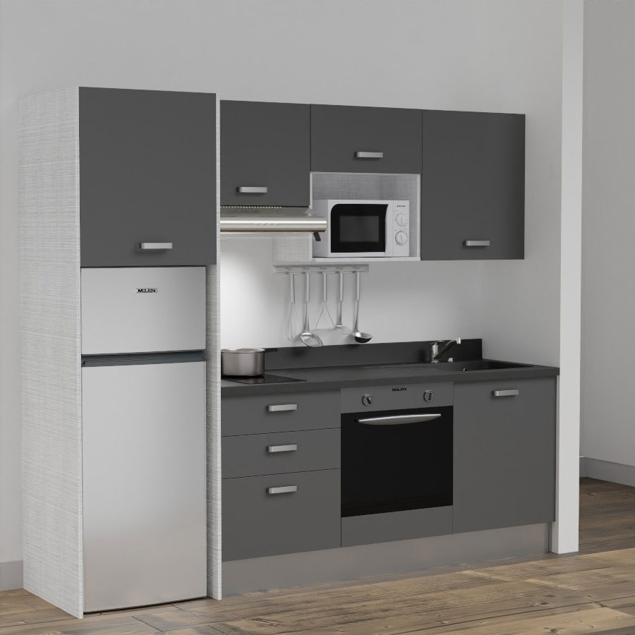 K37L : Kitchenette 240 cm Gris, plan de travail monobloc évier à droite Nero