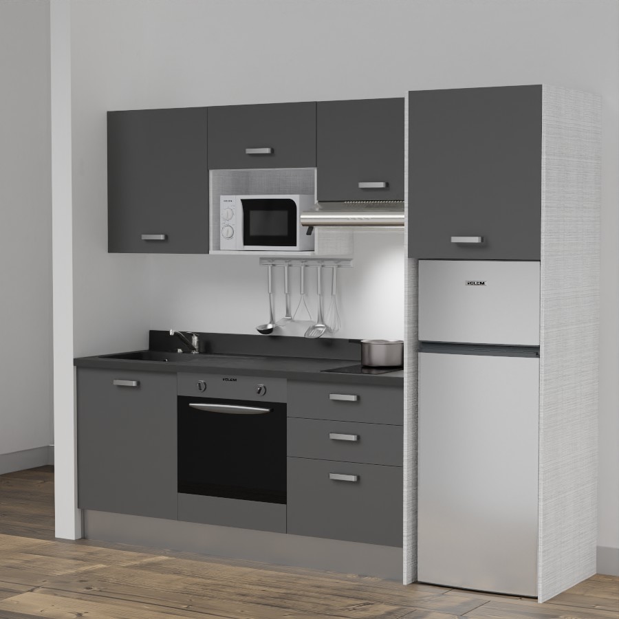 K37L : Kitchenette 240 cm Gris, plan de travail monobloc évier à gauche Nero