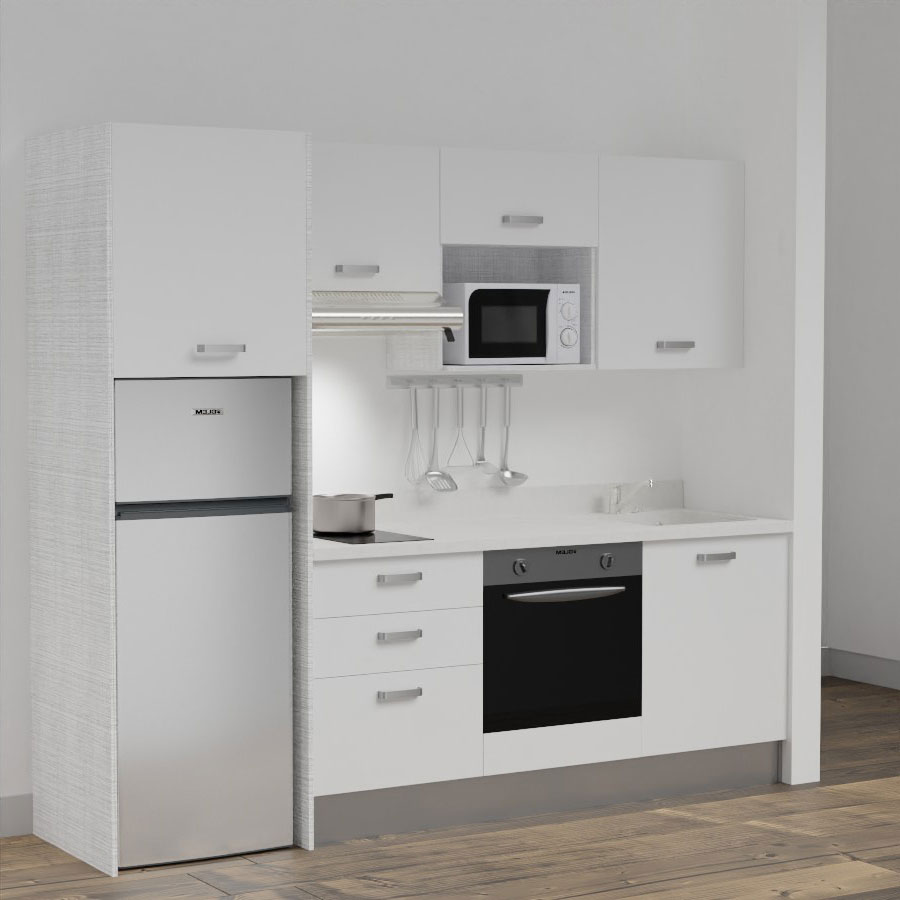 K37L : Kitchenette 240 cm Blanc, plan de travail monobloc évier à droite Snova