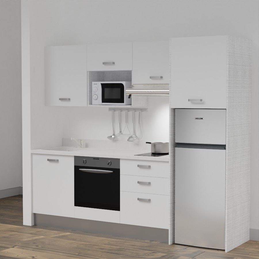 K37L : Kitchenette 240 cm Blanc, plan de travail monobloc évier à gauche Snova