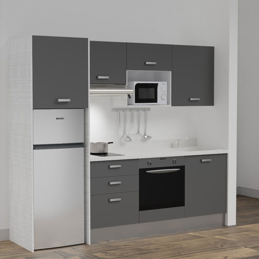 K37L : Kitchenette 240 cm Gris, plan de travail monobloc évier à droite Snova