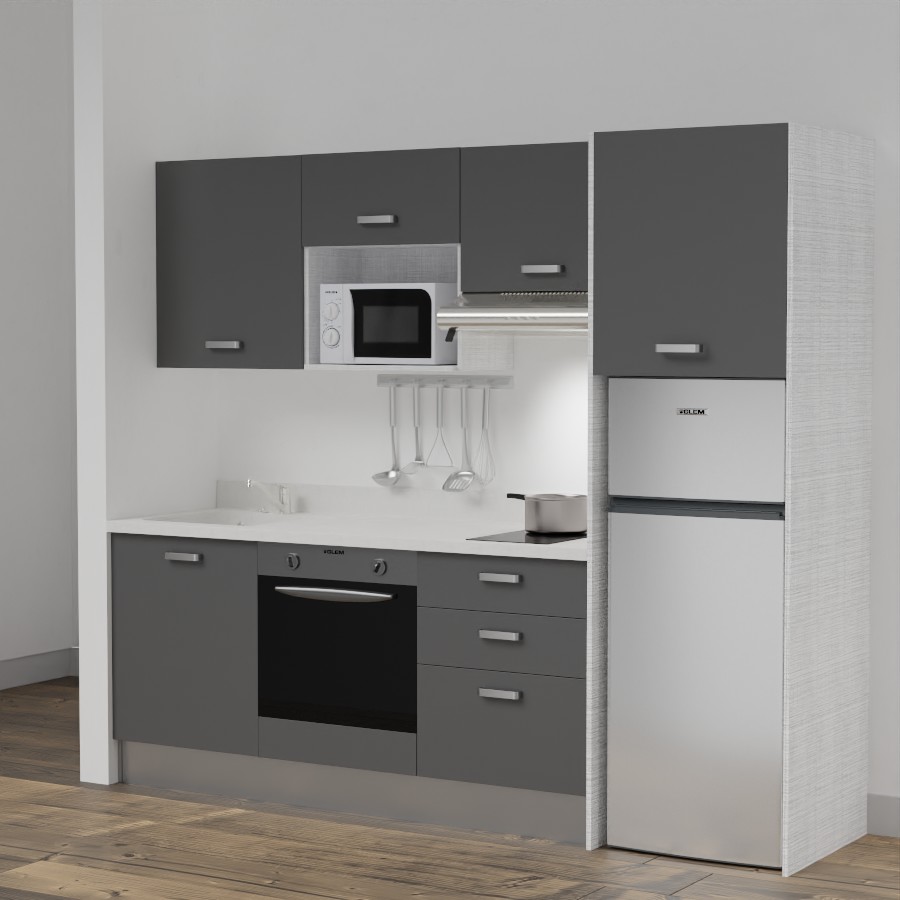 K37L : Kitchenette 240 cm Gris, plan de travail monobloc évier à gauche Snova