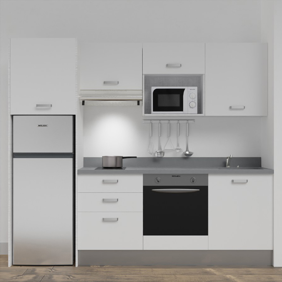 K30L : Kitchenette 180 cm Blanc, plan de travail monobloc évier à gauche  Néro - Creazur Pro