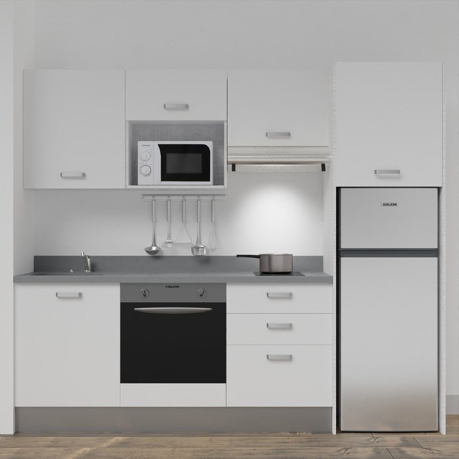 K37L : Kitchenette 240 cm Blanc, plan de travail monobloc évier à gauche Cromo