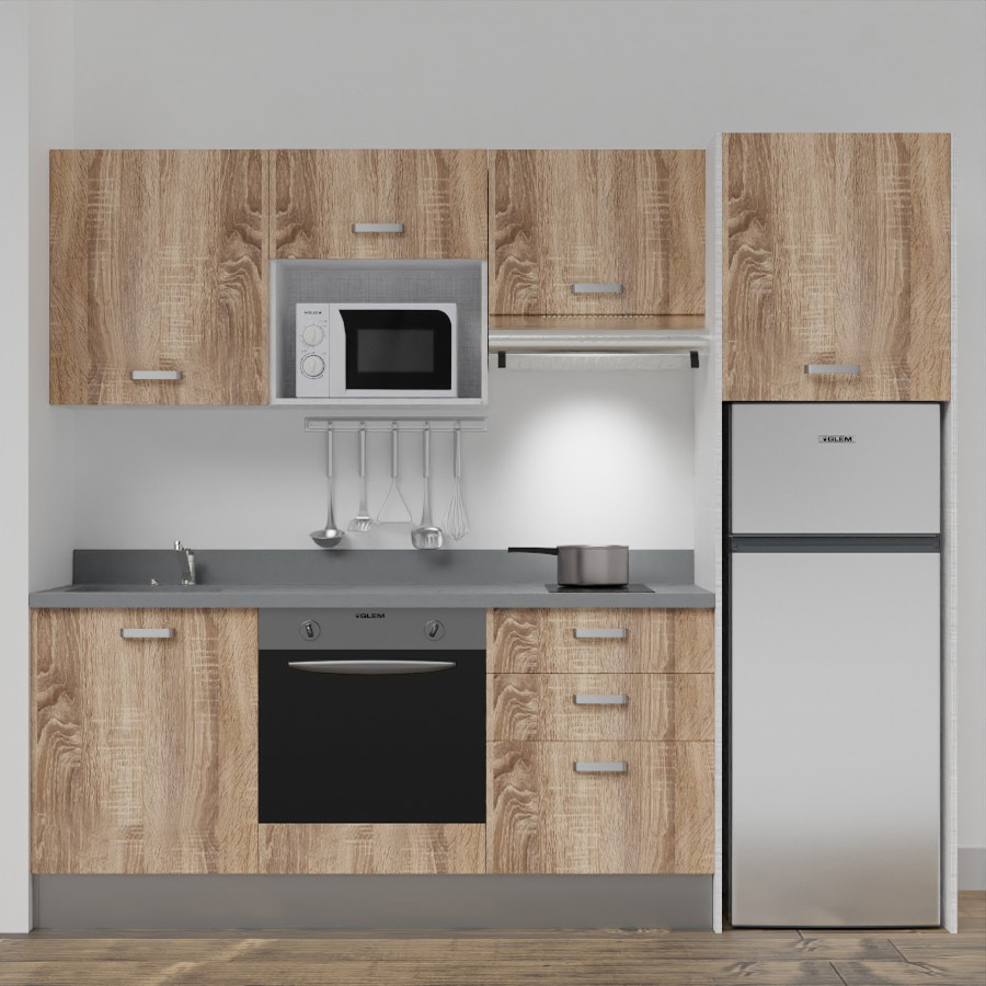 K37L : Kitchenette 240 cm Chêne, plan de travail monobloc évier à gauche Cromo