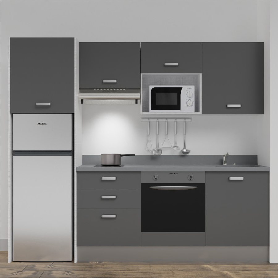 K37L : Kitchenette 240 cm Gris, plan de travail monobloc évier à droite Cromo