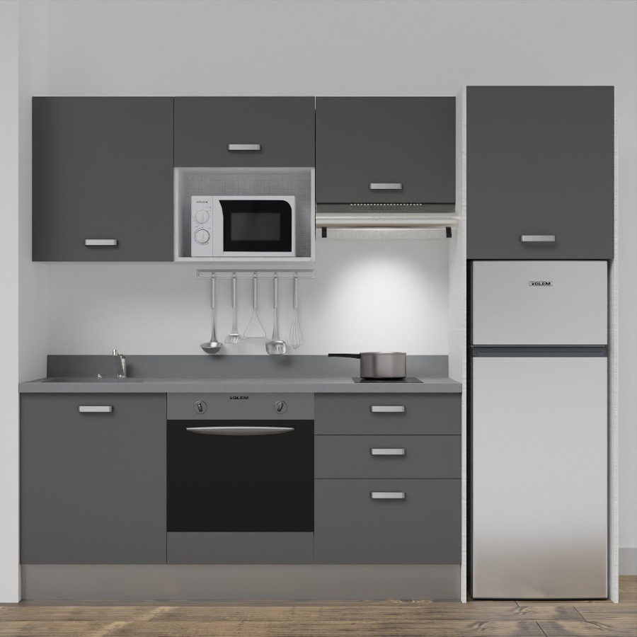 K37L : Kitchenette 240 cm Gris, plan de travail monobloc évier à gauche Cromo