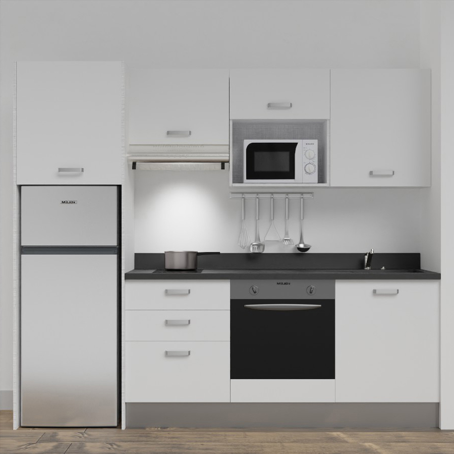 K37L : Kitchenette 240 cm Blanc, plan de travail monobloc évier à droite Nero