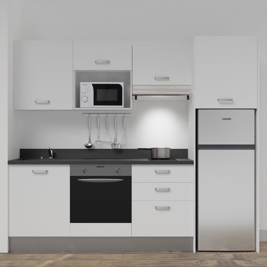 K37L : Kitchenette 240 cm Blanc, plan de travail monobloc évier à gauche Nero