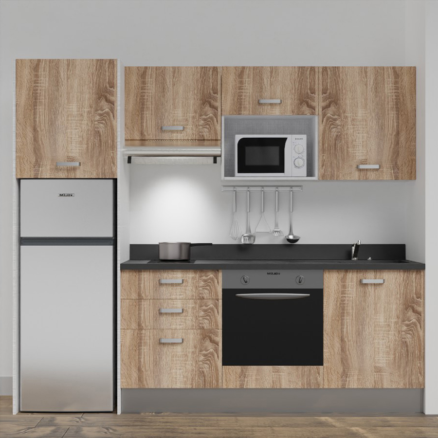 K37L : Kitchenette 240 cm Chêne, plan de travail monobloc évier à droite Nero