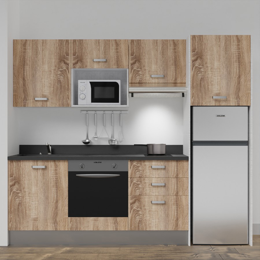 K37L : Kitchenette 240 cm Chêne, plan de travail monobloc évier à gauche Nero