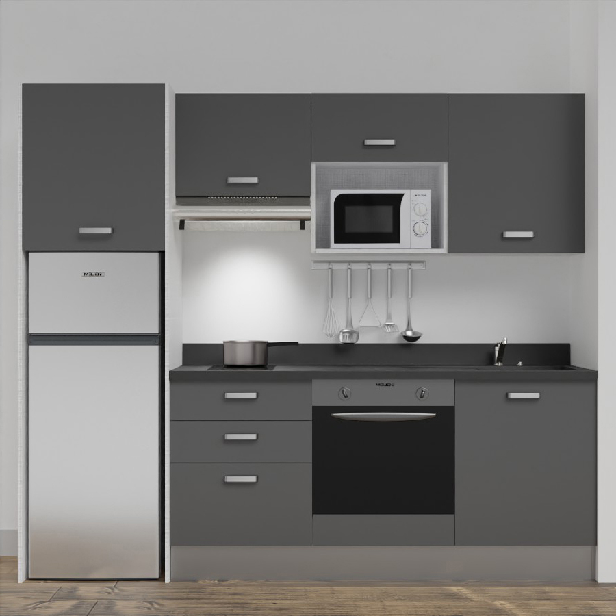 K37L : Kitchenette 240 cm Gris, plan de travail monobloc évier à droite Nero