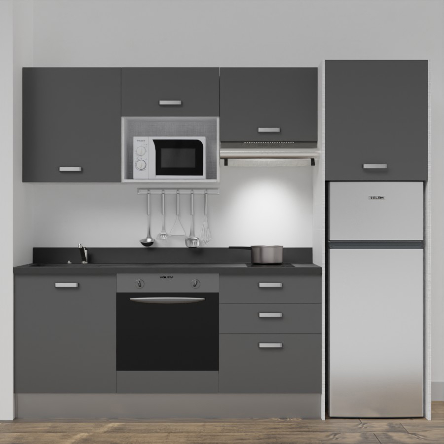 K37L : Kitchenette 240 cm Gris, plan de travail monobloc évier à gauche Nero