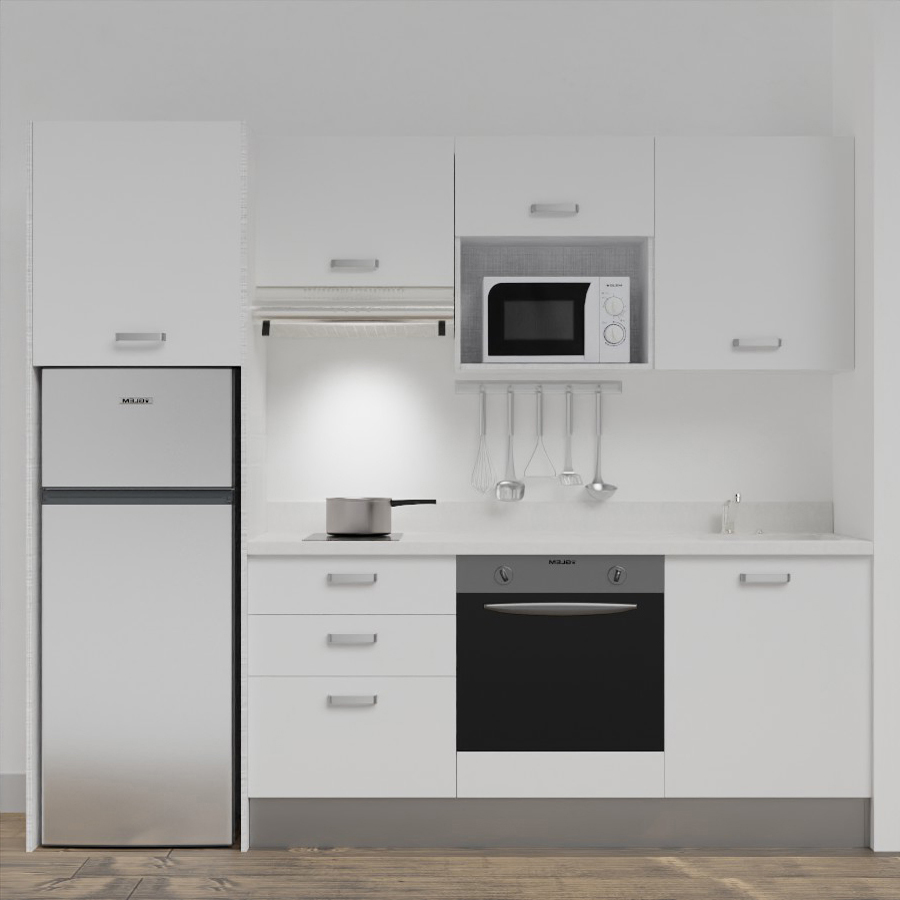 K37L : Kitchenette 240 cm Blanc, plan de travail monobloc évier à droite Snova