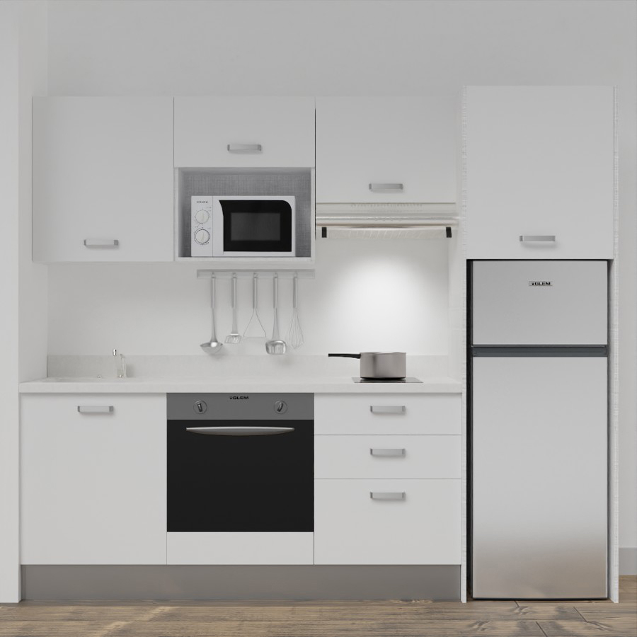 K37L : Kitchenette 240 cm Blanc, plan de travail monobloc évier à gauche Snova