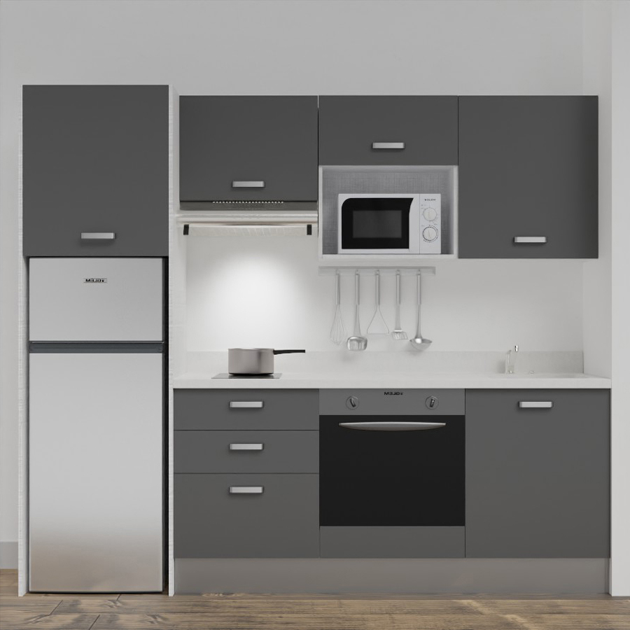 K37L : Kitchenette 240 cm Gris, plan de travail monobloc évier à droite Snova