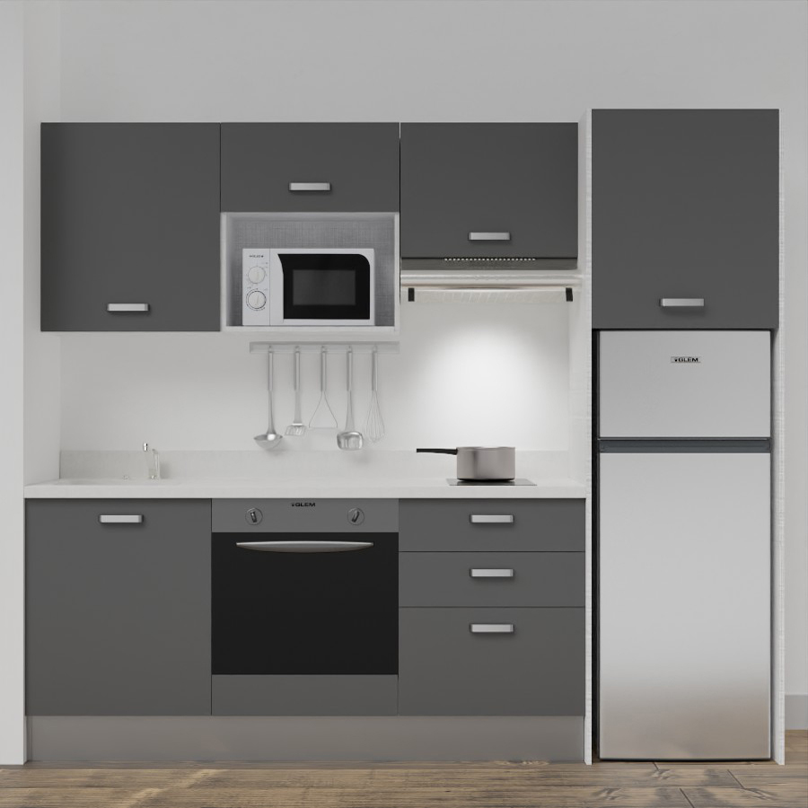 K37L : Kitchenette 240 cm Gris, plan de travail monobloc évier à gauche Snova