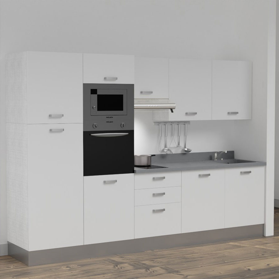 K46L : Kitchenette 300 cm Blanc, plan de travail monobloc évier à droite Cromo