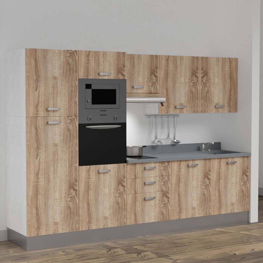 K46L : Kitchenette 300 cm Chêne, plan de travail monobloc évier à droite Cromo