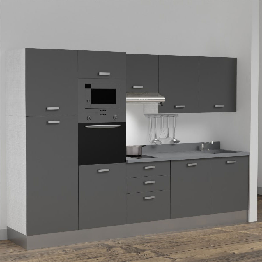 K46L : Kitchenette 300 cm Gris, plan de travail monobloc évier à droite Cromo