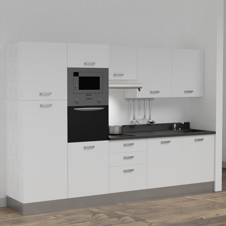 K46L : Kitchenette 300 cm Blanc, plan de travail monobloc évier à droite Nero