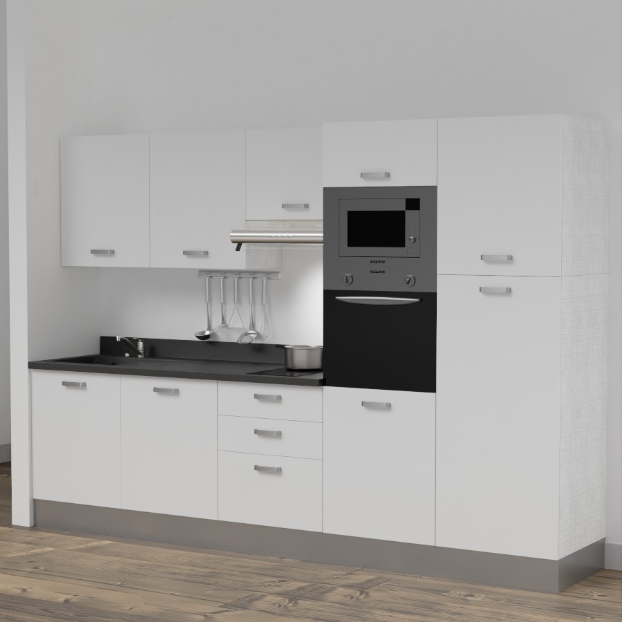 K46L : Kitchenette 300 cm Blanc, plan de travail monobloc évier à gauche Nero