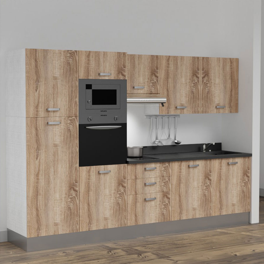 K46L : Kitchenette 300 cm Chêne, plan de travail monobloc évier à droite Nero