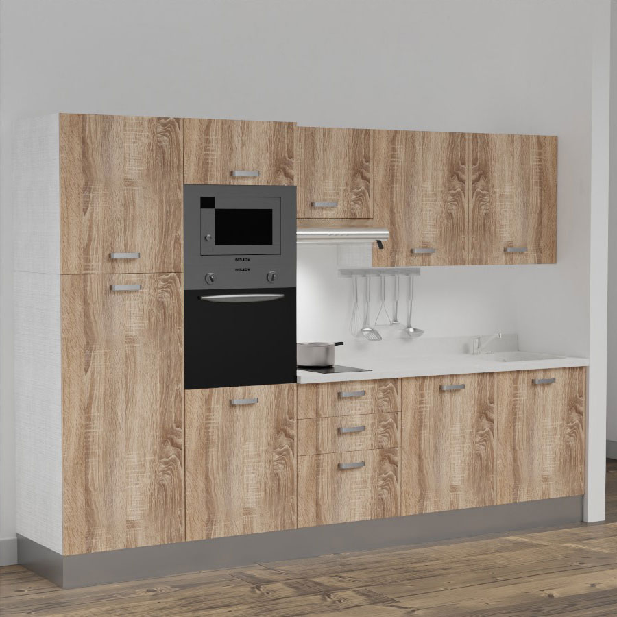 K46L : Kitchenette 300 cm Chêne, plan de travail monobloc évier à droite Snova