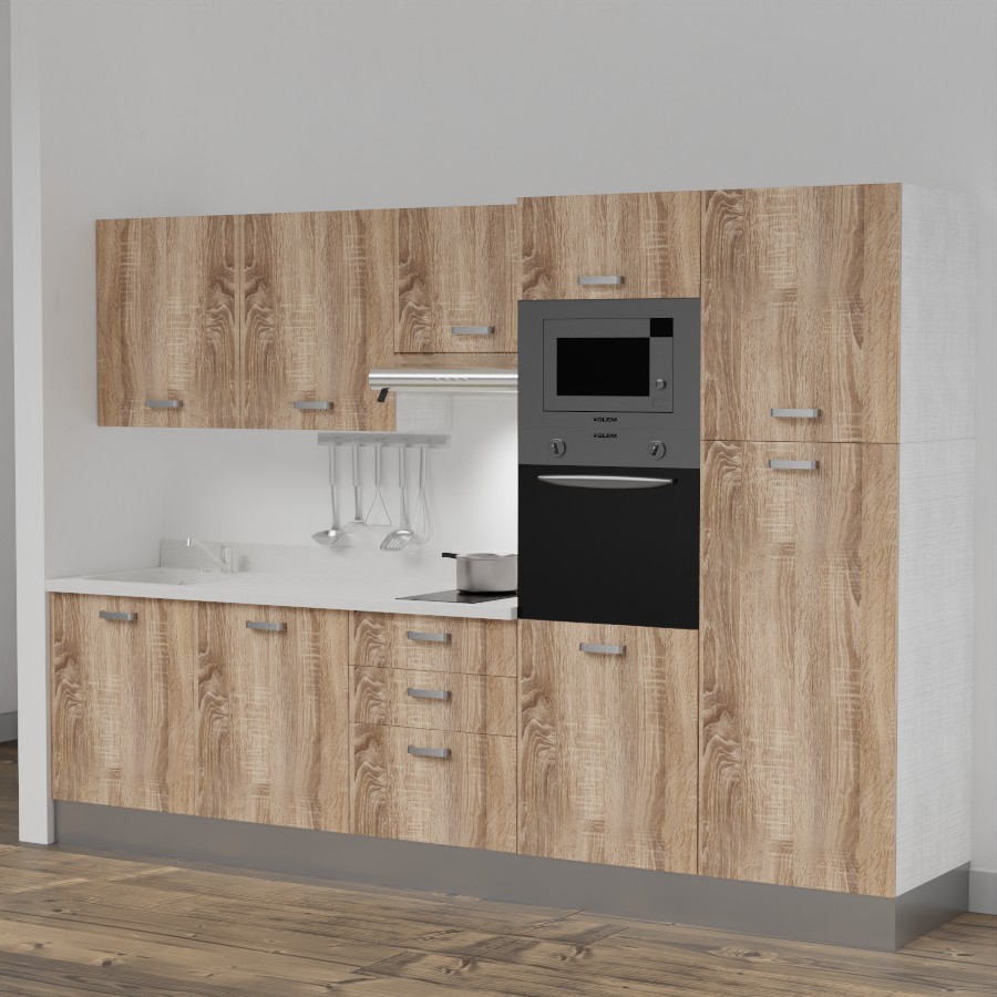 K46L : Kitchenette 300 cm Chêne, plan de travail monobloc évier à gauche Snova