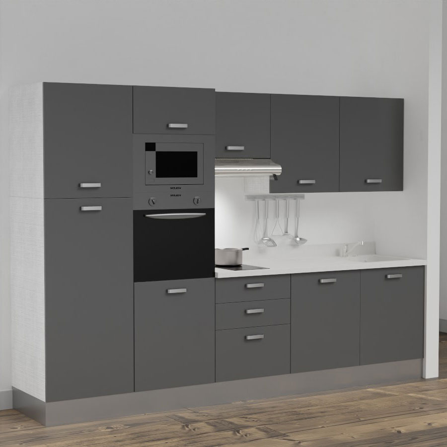 K46L : Kitchenette 300 cm Gris, plan de travail monobloc évier à droite Snova