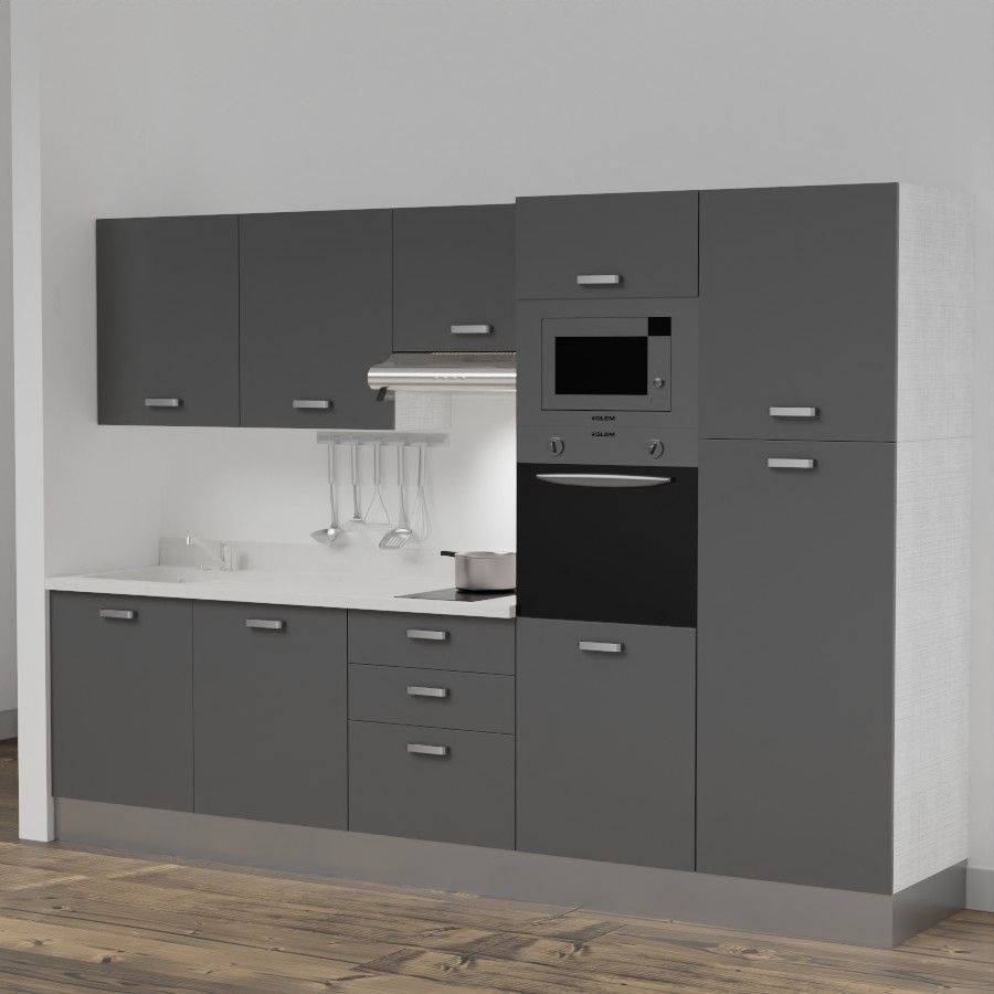 K46L : Kitchenette 300 cm Gris, plan de travail monobloc évier à gauche Snova