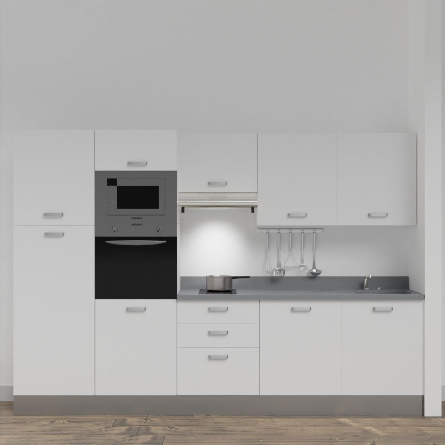 K46L : Kitchenette 300 cm Blanc, plan de travail monobloc évier à droite Cromo