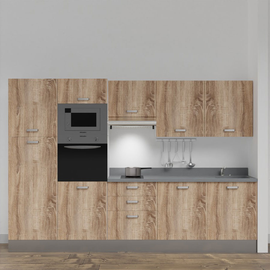 K46L : Kitchenette 300 cm Chêne, plan de travail monobloc évier à droite Cromo