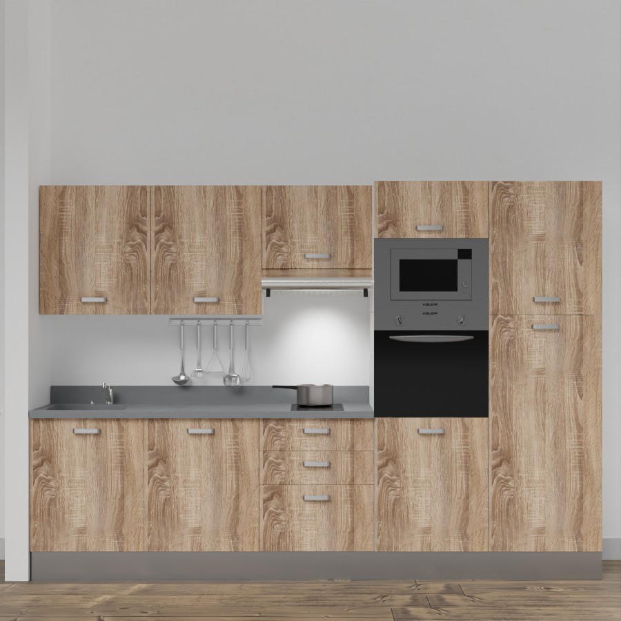 K46L : Kitchenette 300 cm Chêne, plan de travail monobloc évier à gauche Cromo