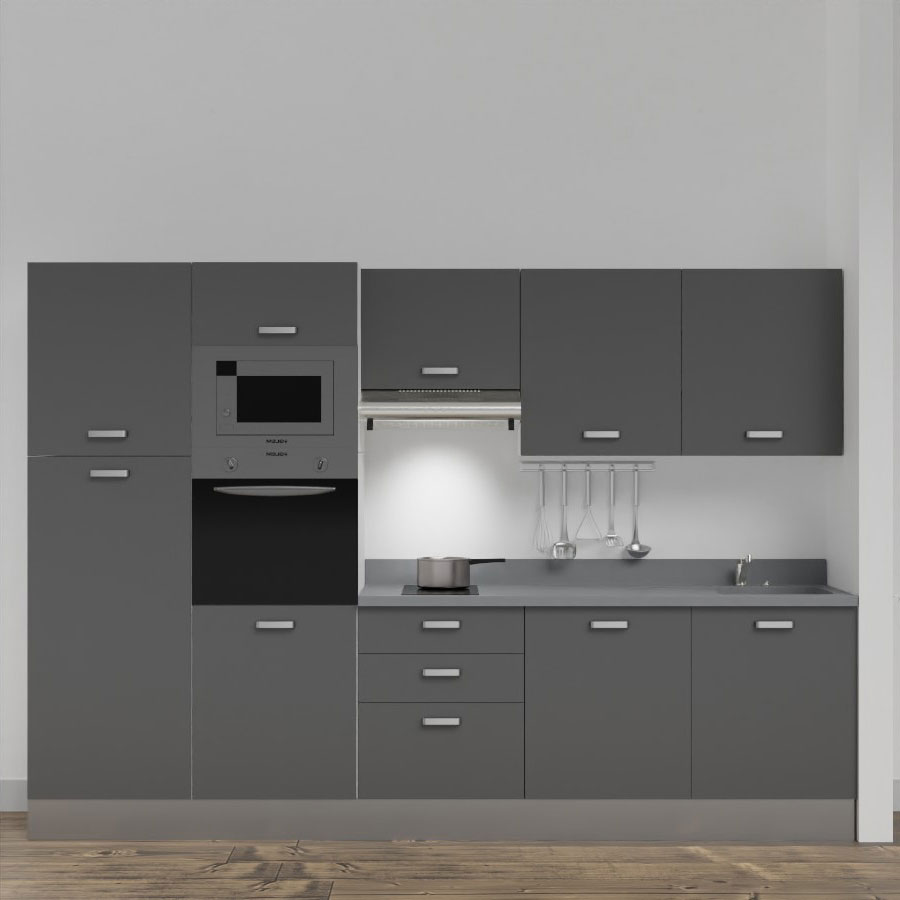 K46L : Kitchenette 300 cm Gris, plan de travail monobloc évier à droite Cromo