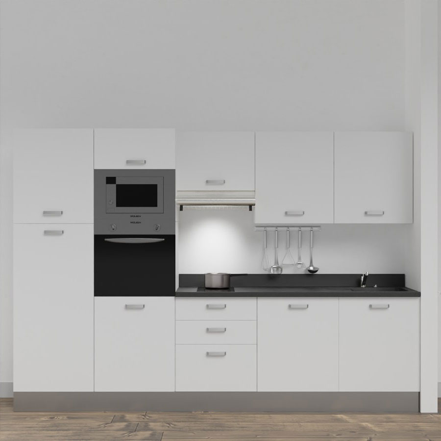 K46L : Kitchenette 300 cm Blanc, plan de travail monobloc évier à droite Nero