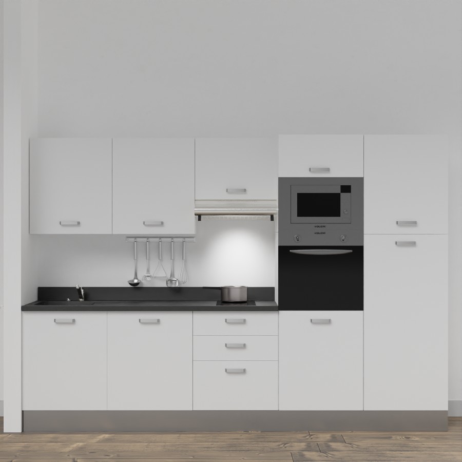 K46L : Kitchenette 300 cm Blanc, plan de travail monobloc évier à gauche Nero