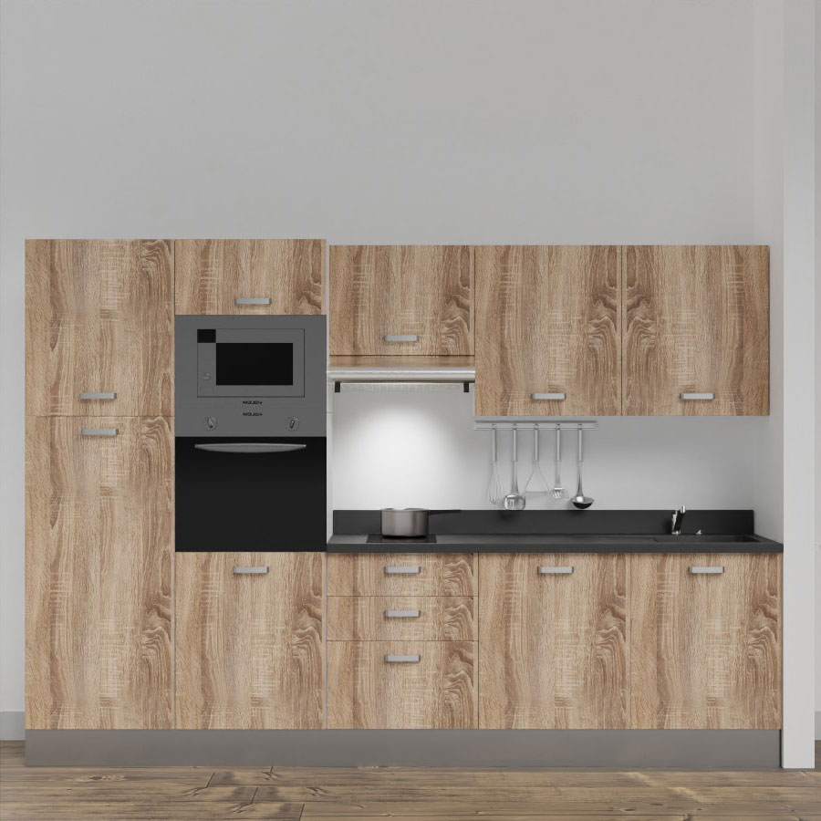 K46L : Kitchenette 300 cm Chêne, plan de travail monobloc évier à droite Nero