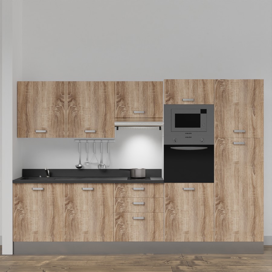 K46L : Kitchenette 300 cm Chêne, plan de travail monobloc évier à gauche Nero