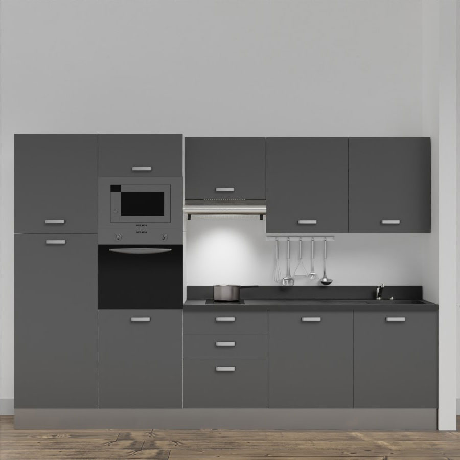 K46L : Kitchenette 300 cm Gris, plan de travail monobloc évier à droite Nero