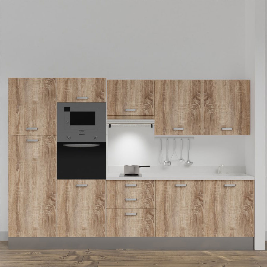 K46L : Kitchenette 300 cm Chêne, plan de travail monobloc évier à droite Snova