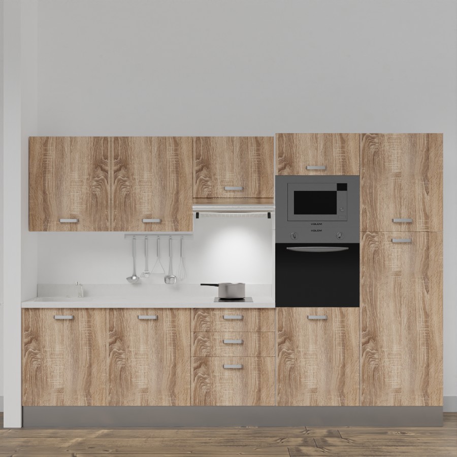 K46L : Kitchenette 300 cm Chêne, plan de travail monobloc évier à gauche Snova