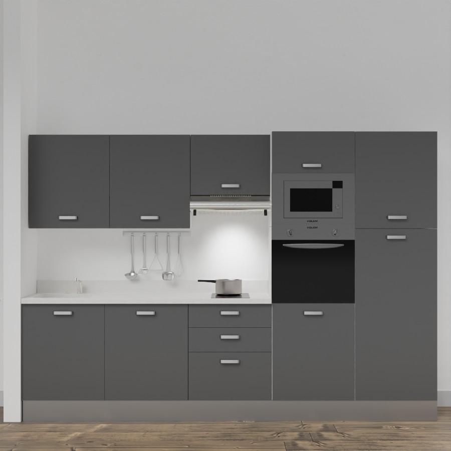 K46L : Kitchenette 300 cm Gris, plan de travail monobloc évier à gauche Snova