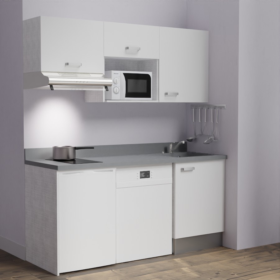 K55 : Kitchenette 180 cm meuble coloris blanc, plan de travail monobloc évier à droite cromo