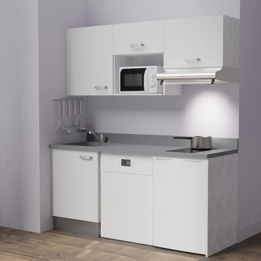 K55 : Kitchenette 180 cm meuble coloris blanc, plan de travail monobloc évier à gauche Cromo