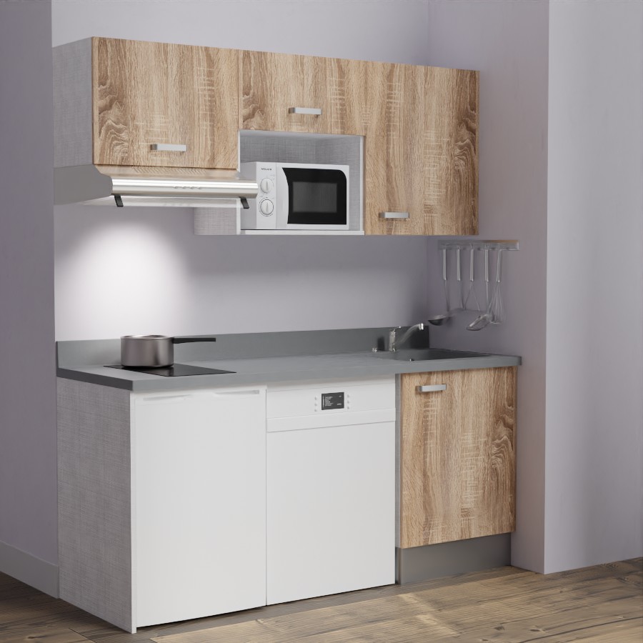 K55 : Kitchenette 180 cm meuble coloris Chêne, plan de travail monobloc évier à droite Cromo