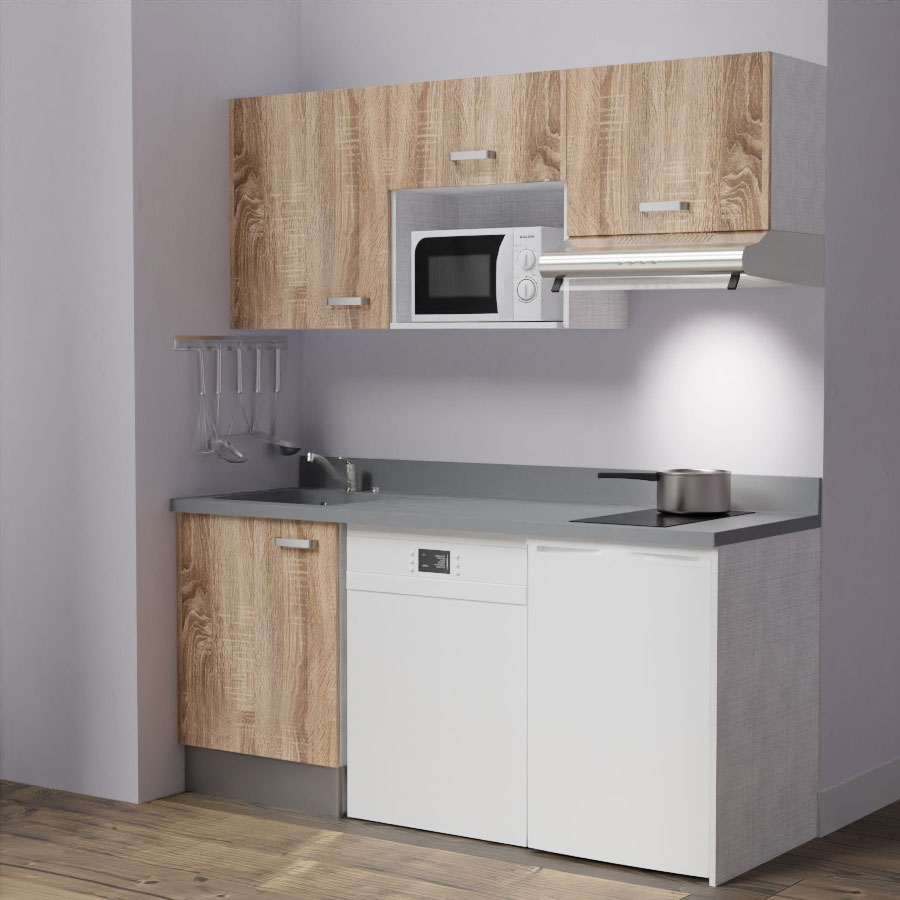 K55 : Kitchenette 180 cm meuble coloris Chêne, plan de travail monobloc évier à gauche Cromo