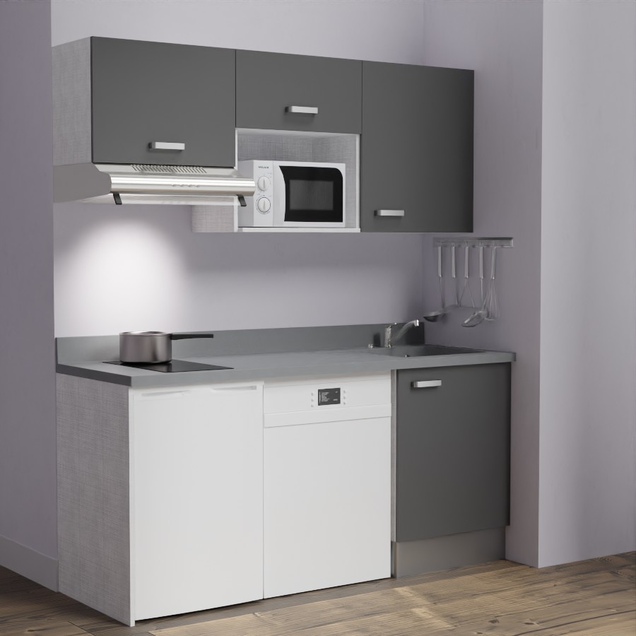 K55 : Kitchenette 180 cm meuble coloris Gris, plan de travail monobloc évier à droite Cromo