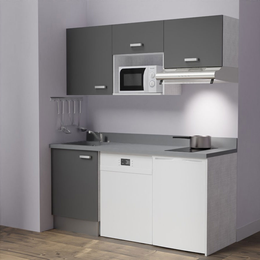 K55 : Kitchenette 180 cm meuble coloris Gris, plan de travail monobloc évier à gauche Cromo