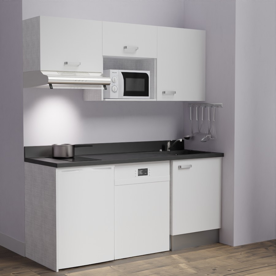 K55 : Kitchenette 180 cm meuble coloris blanc, plan de travail monobloc évier à droite néro